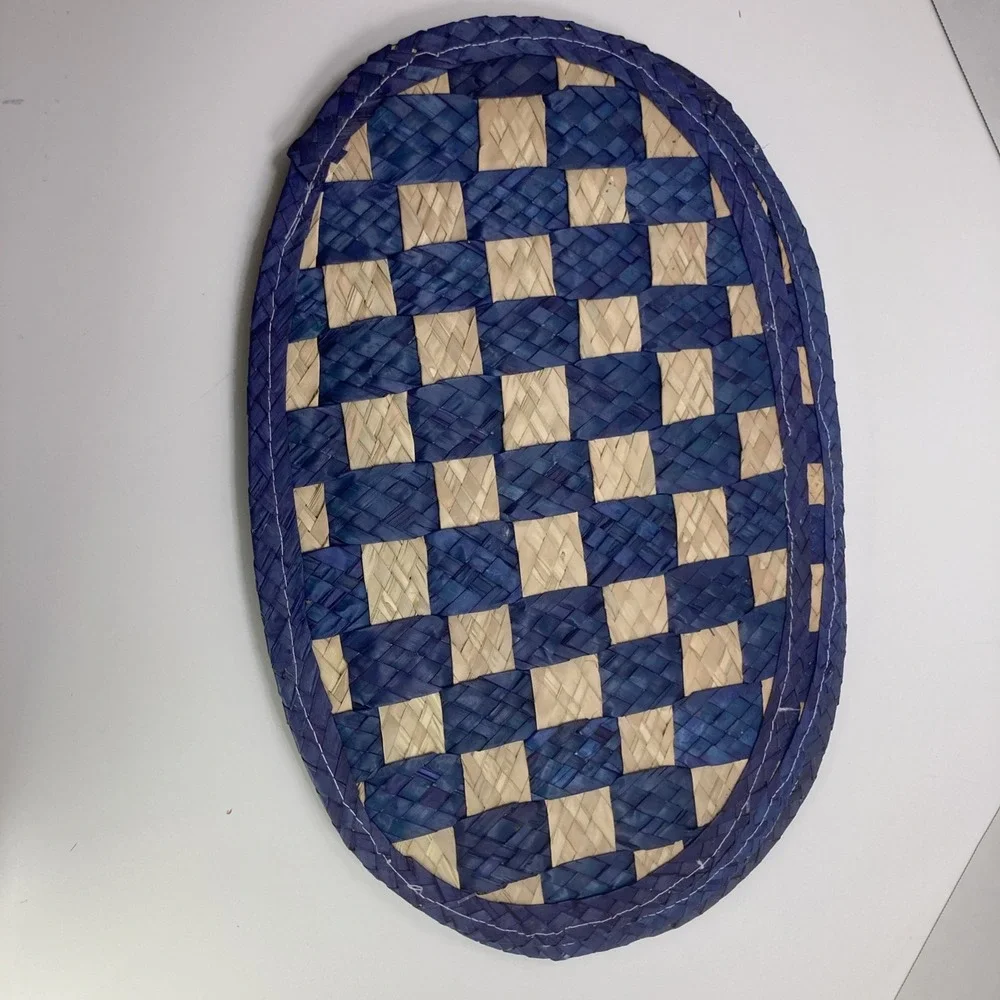 Vtg‎ Set of 5 Checkered Woven Rattan Placemats Navy and Brown
